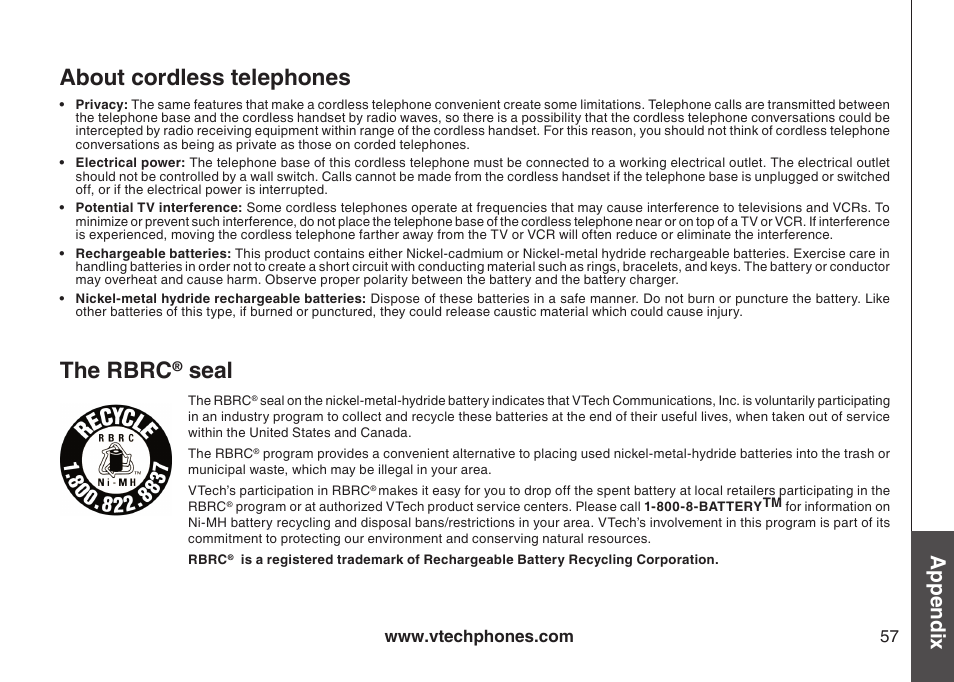About cordless telephones, The rbrc® seal, The rbrc | Seal, Appendix | VTech DS6121 User Manual | Page 61 / 69