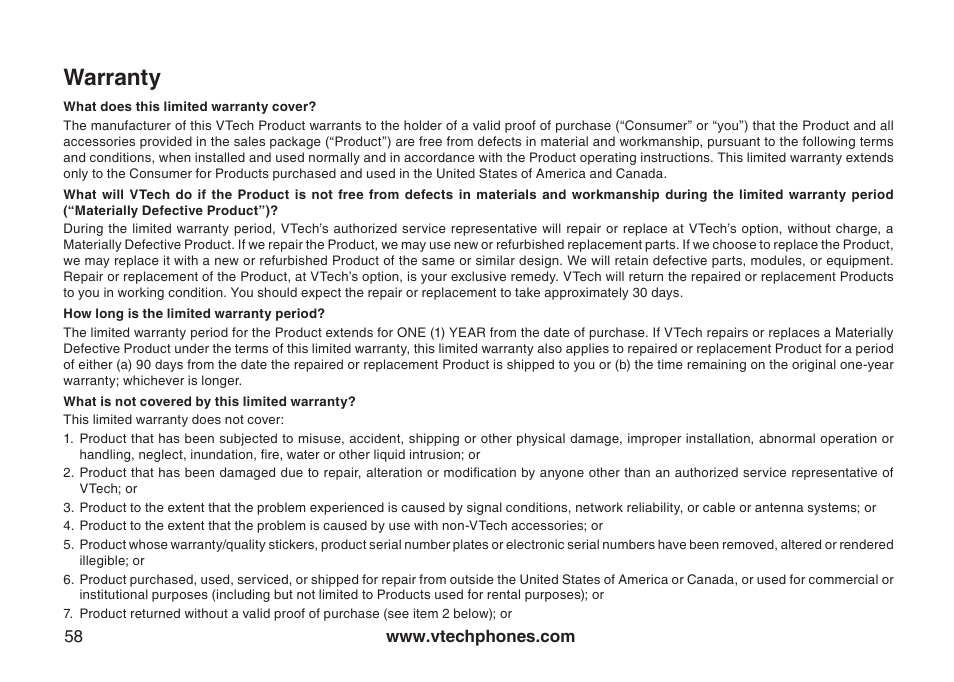 Warranty | VTech DS6121 User Manual | Page 62 / 69