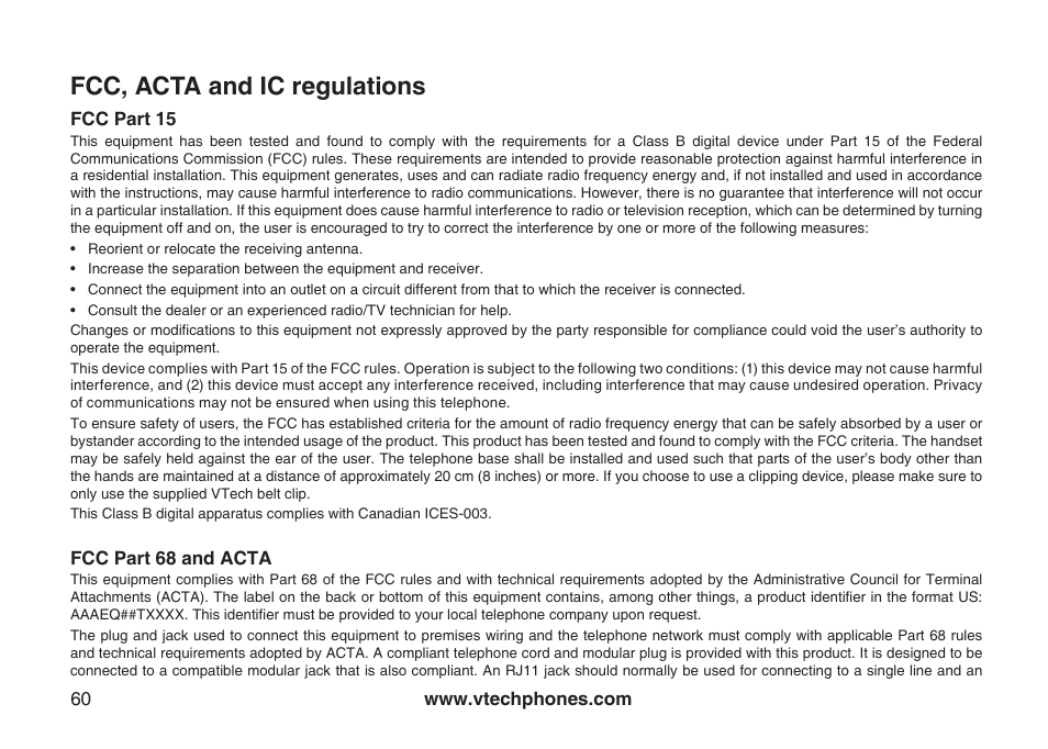 Fcc, acta and ic regulations | VTech DS6121 User Manual | Page 64 / 69