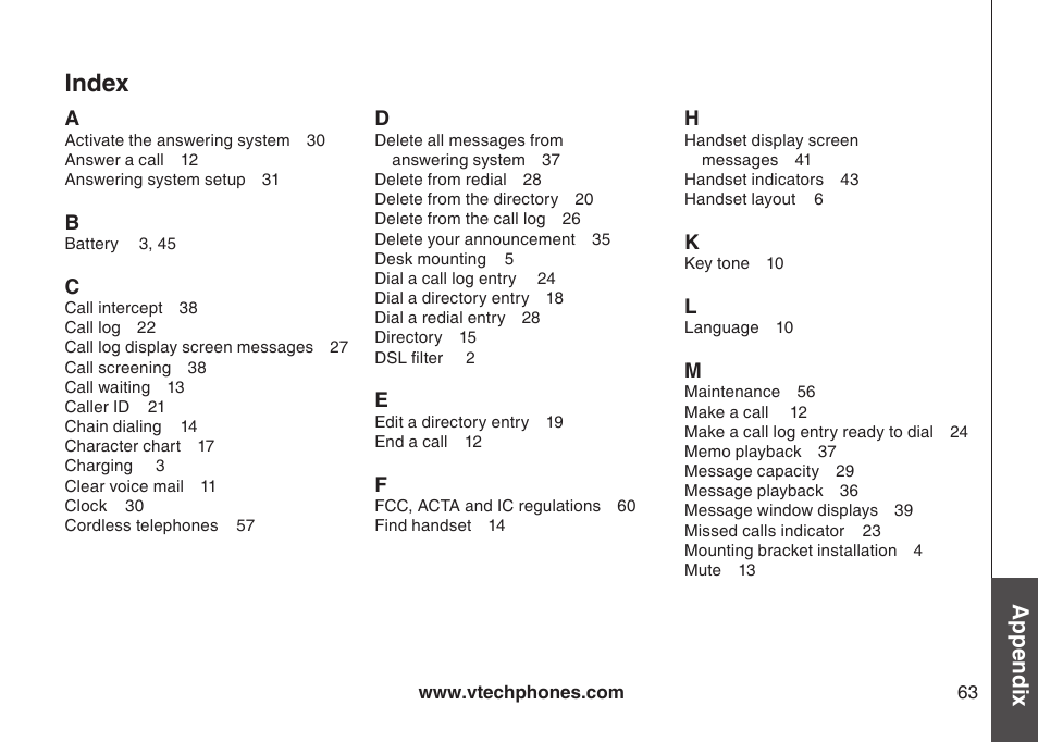 Index, Appendix | VTech DS6121 User Manual | Page 67 / 69