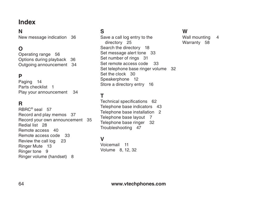 Index | VTech DS6121 User Manual | Page 68 / 69