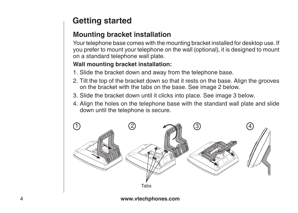 Mounting bracket installation, Getting started | VTech DS6121 User Manual | Page 8 / 69