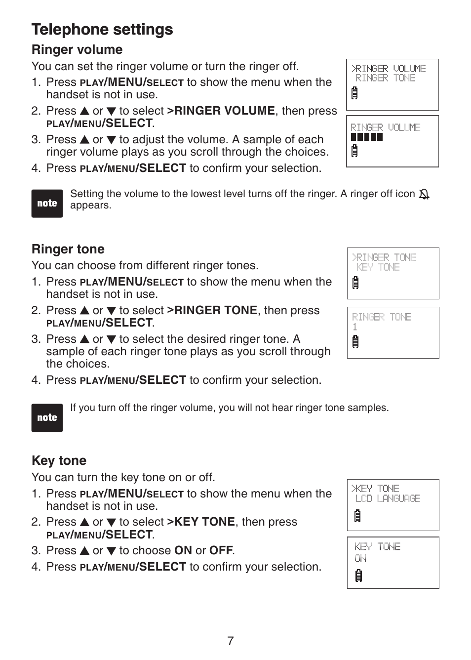 Telephone settings ringer volume, Ringer tone, Key tone | Telephone settings, Ringer volume | VTech DS3211-2 User Manual | Page 10 / 51