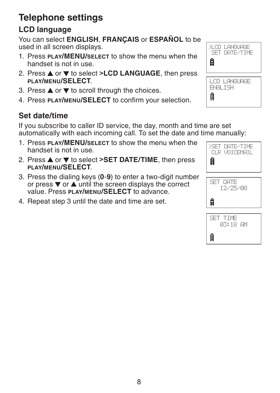 Lcd language, Set date/time, Telephone settings | VTech DS3211-2 User Manual | Page 11 / 51