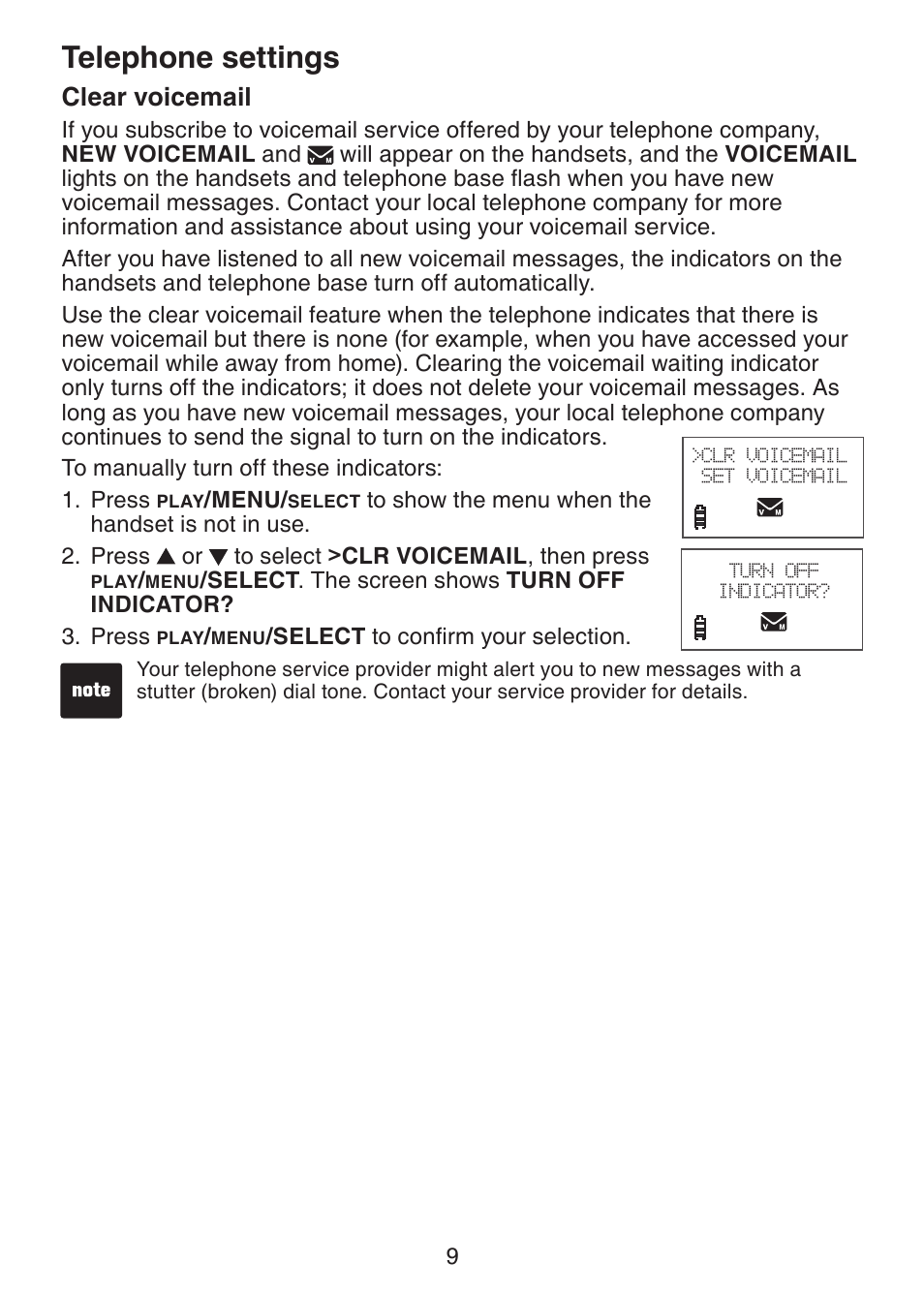 Clear voicemail, Telephone settings | VTech DS3211-2 User Manual | Page 12 / 51