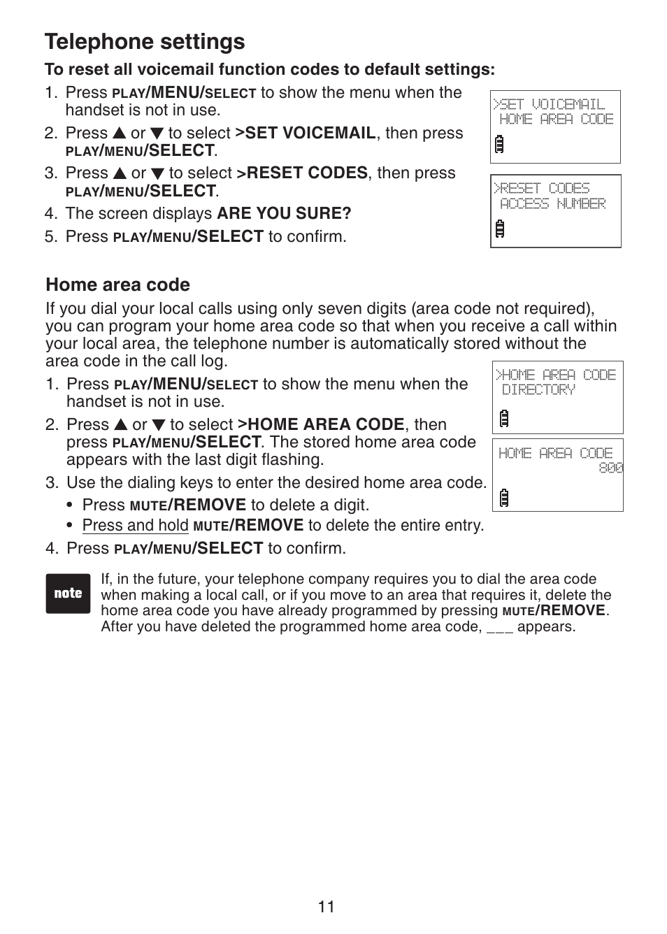 Home area code, Telephone settings | VTech DS3211-2 User Manual | Page 14 / 51