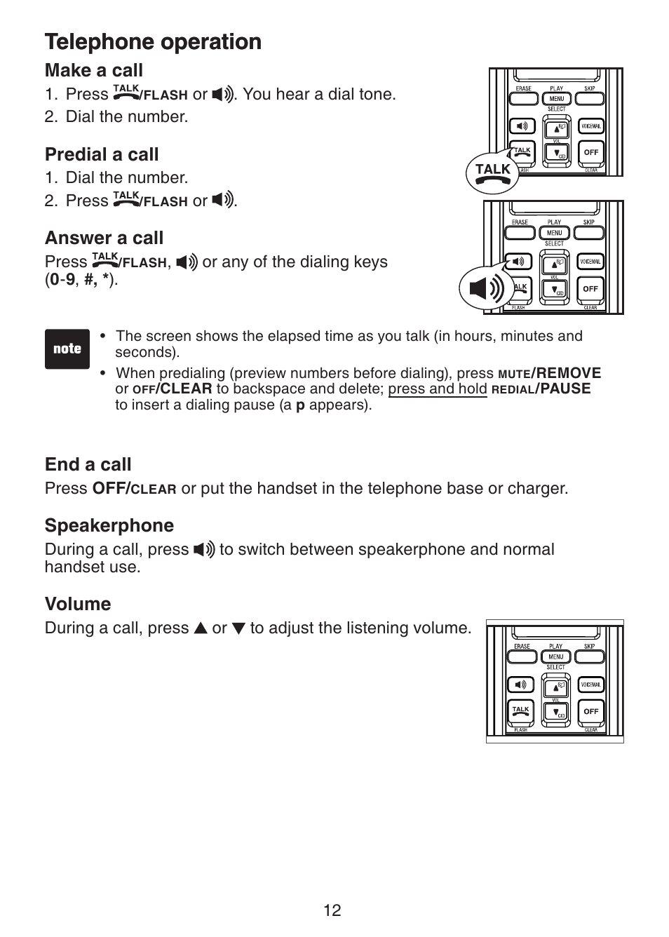 Telephone operation make a call, Predial a call, Answer a call | End a call, Speakerphone, Volume, Telephone operation, Make a call | VTech DS3211-2 User Manual | Page 15 / 51