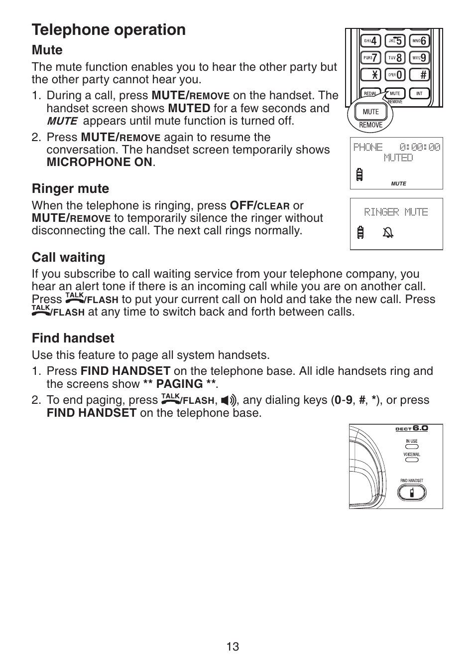 Mute, Ringer mute, Call waiting | Find handset, Telephone operation | VTech DS3211-2 User Manual | Page 16 / 51