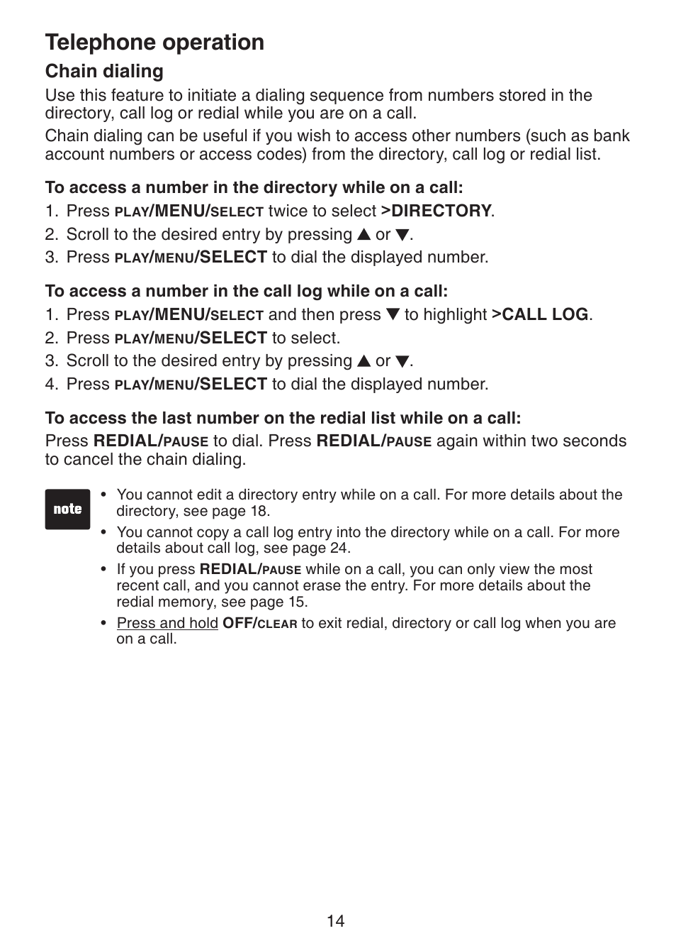 Chain dialing, Telephone operation | VTech DS3211-2 User Manual | Page 17 / 51