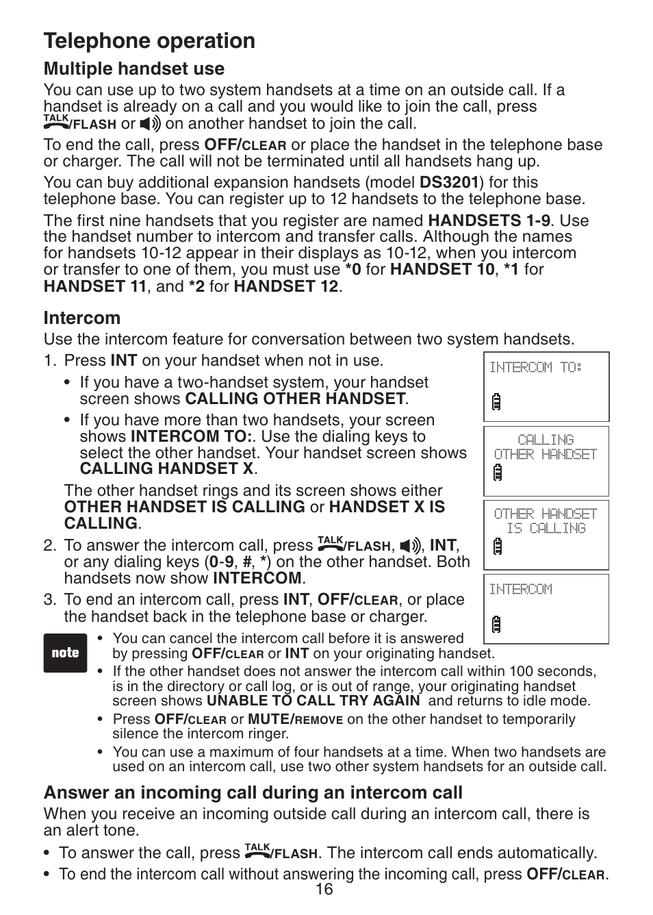 Multiple handset use, Intercom, Answer an incoming call | During an intercom call, Telephone operation, Answer an incoming call during an intercom call | VTech DS3211-2 User Manual | Page 19 / 51