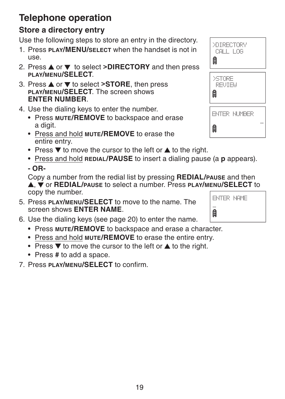 Telephone operation, Store a directory entry | VTech DS3211-2 User Manual | Page 22 / 51