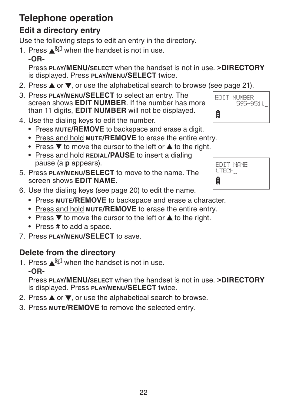 Telephone operation, Edit a directory entry, Delete from the directory | VTech DS3211-2 User Manual | Page 25 / 51