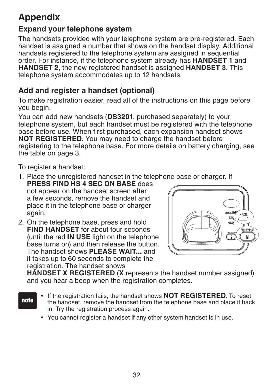 Expand your telephone, System, Add and register a handset | Optional), Appendix | VTech DS3211-2 User Manual | Page 35 / 51