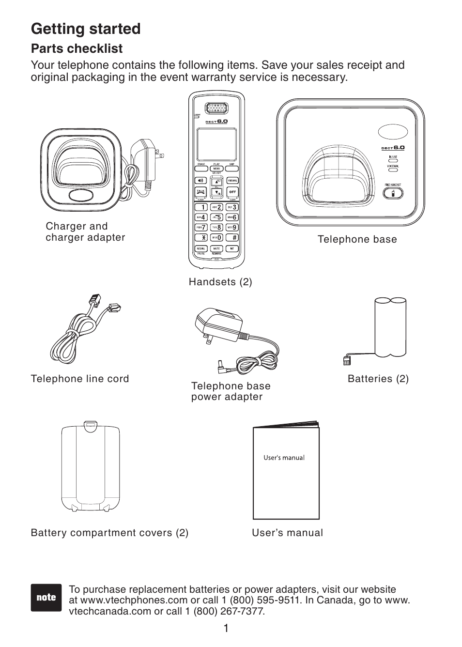 Getting started parts checklist, Getting started, Parts checklist | VTech DS3211-2 User Manual | Page 4 / 51