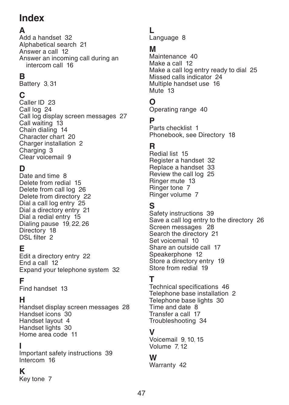 Index | VTech DS3211-2 User Manual | Page 50 / 51