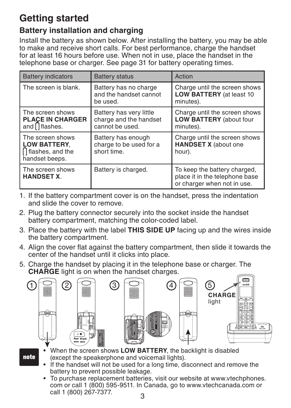 Battery installation and, Charging, Getting started | Battery installation and charging | VTech DS3211-2 User Manual | Page 6 / 51