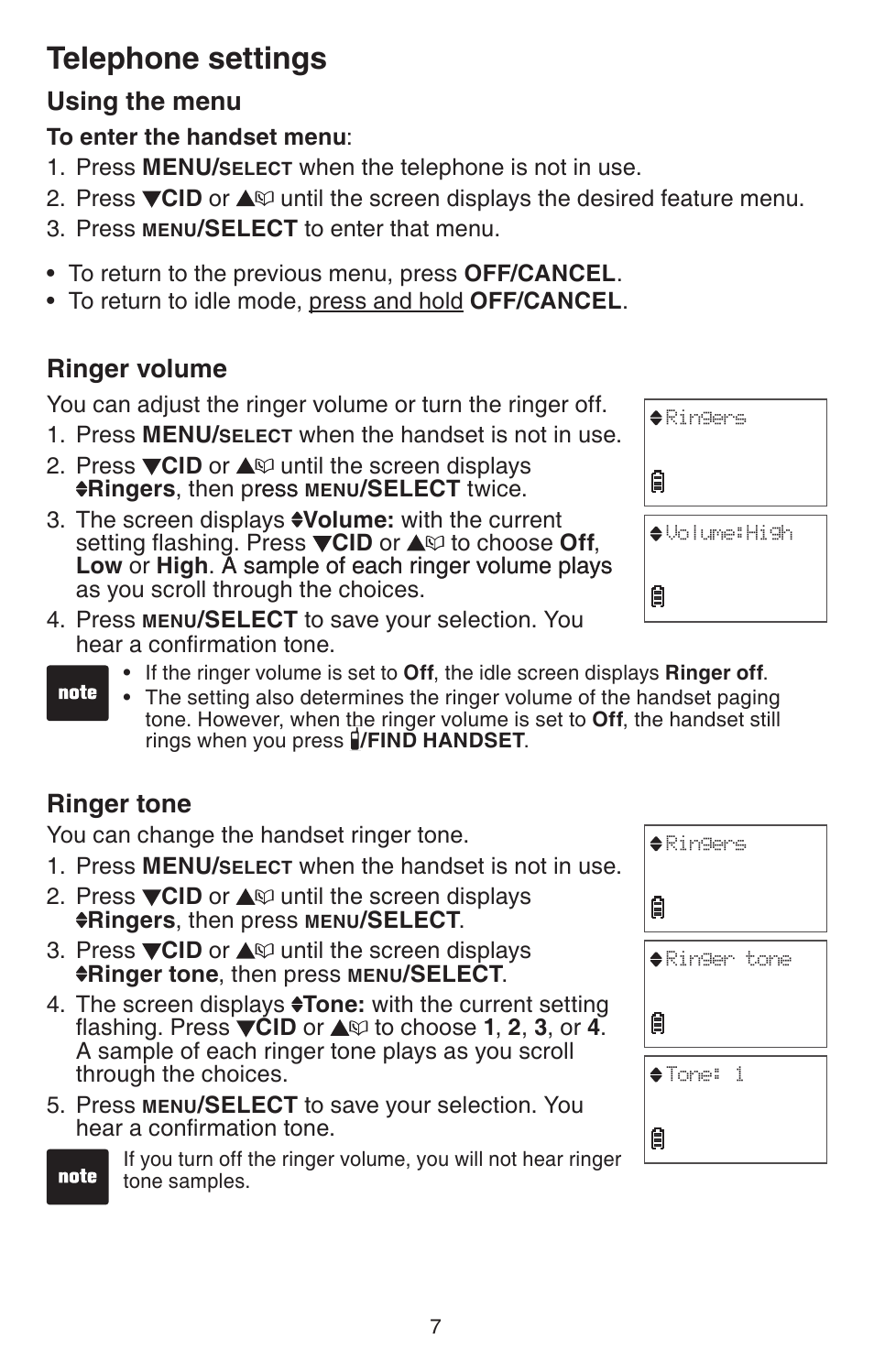 Telephone settings, Using the menu, Ringer volume | Ringer tone, Using the menu ringer volume ringer tone | VTech CS6114 User Manual | Page 10 / 43