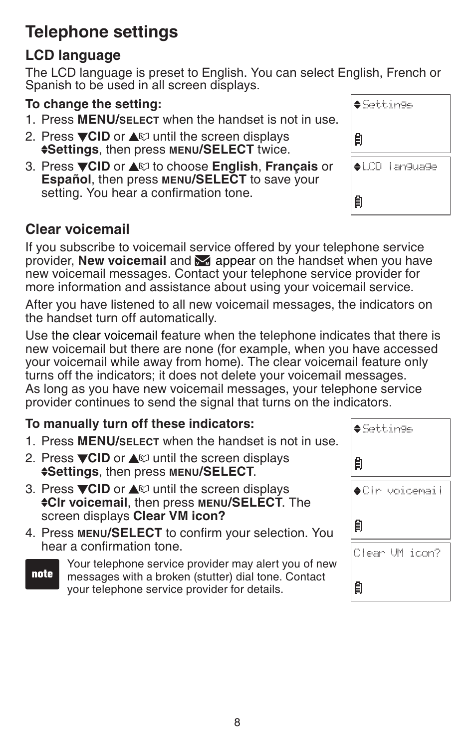 Lcd language, Clear voicemail, Lcd language clear voicemail | Telephone settings | VTech CS6114 User Manual | Page 11 / 43