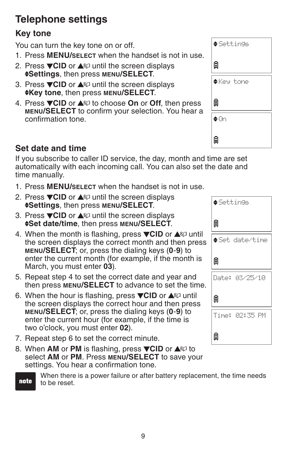 Key tone, Set date and time, Key tone set date and time | Telephone settings | VTech CS6114 User Manual | Page 12 / 43