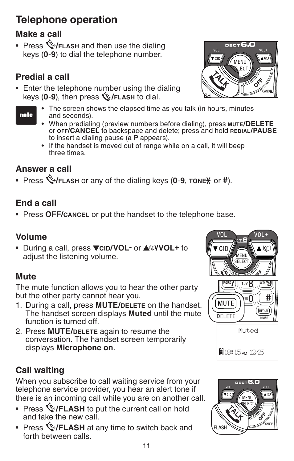 Telephone operation, Make a call, Predial a call | Answer a call, End a call, Volume, Mute, Call waiting | VTech CS6114 User Manual | Page 14 / 43