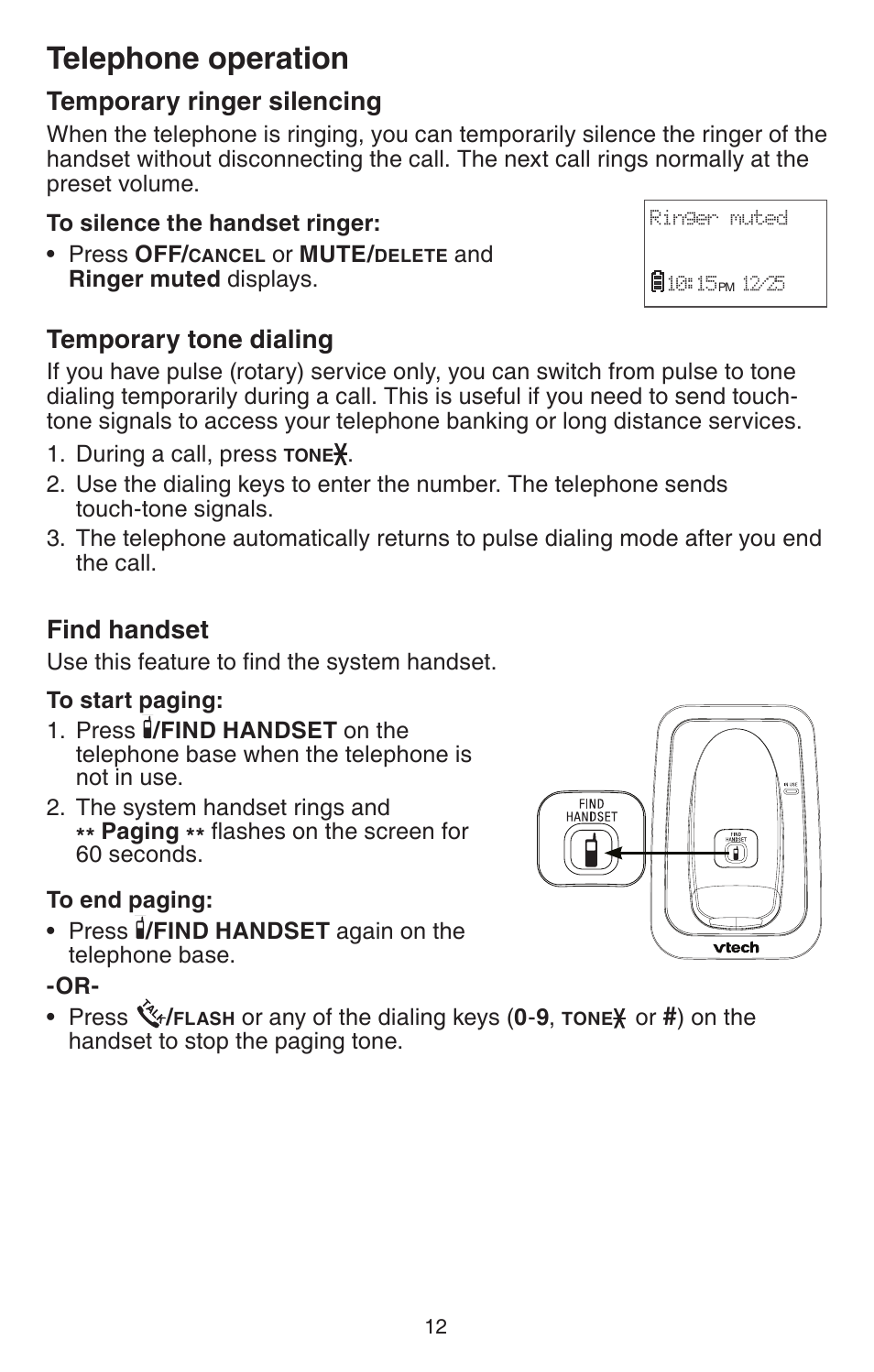 Temporary ringer silencing, Temporary tone dialing, Find handset | Telephone operation | VTech CS6114 User Manual | Page 15 / 43