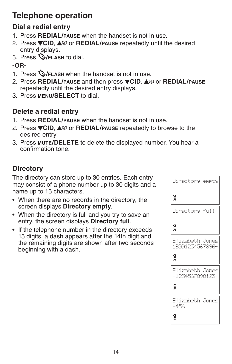 Dial a redial entry, Delete a redial entry, Directory | Telephone operation | VTech CS6114 User Manual | Page 17 / 43
