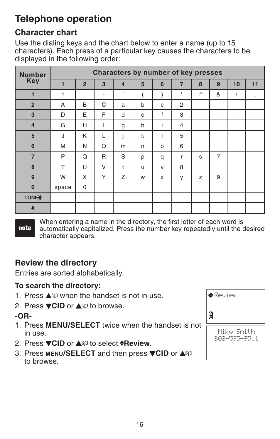 Character chart, Review the directory, Character chart review the directory | Telephone operation | VTech CS6114 User Manual | Page 19 / 43