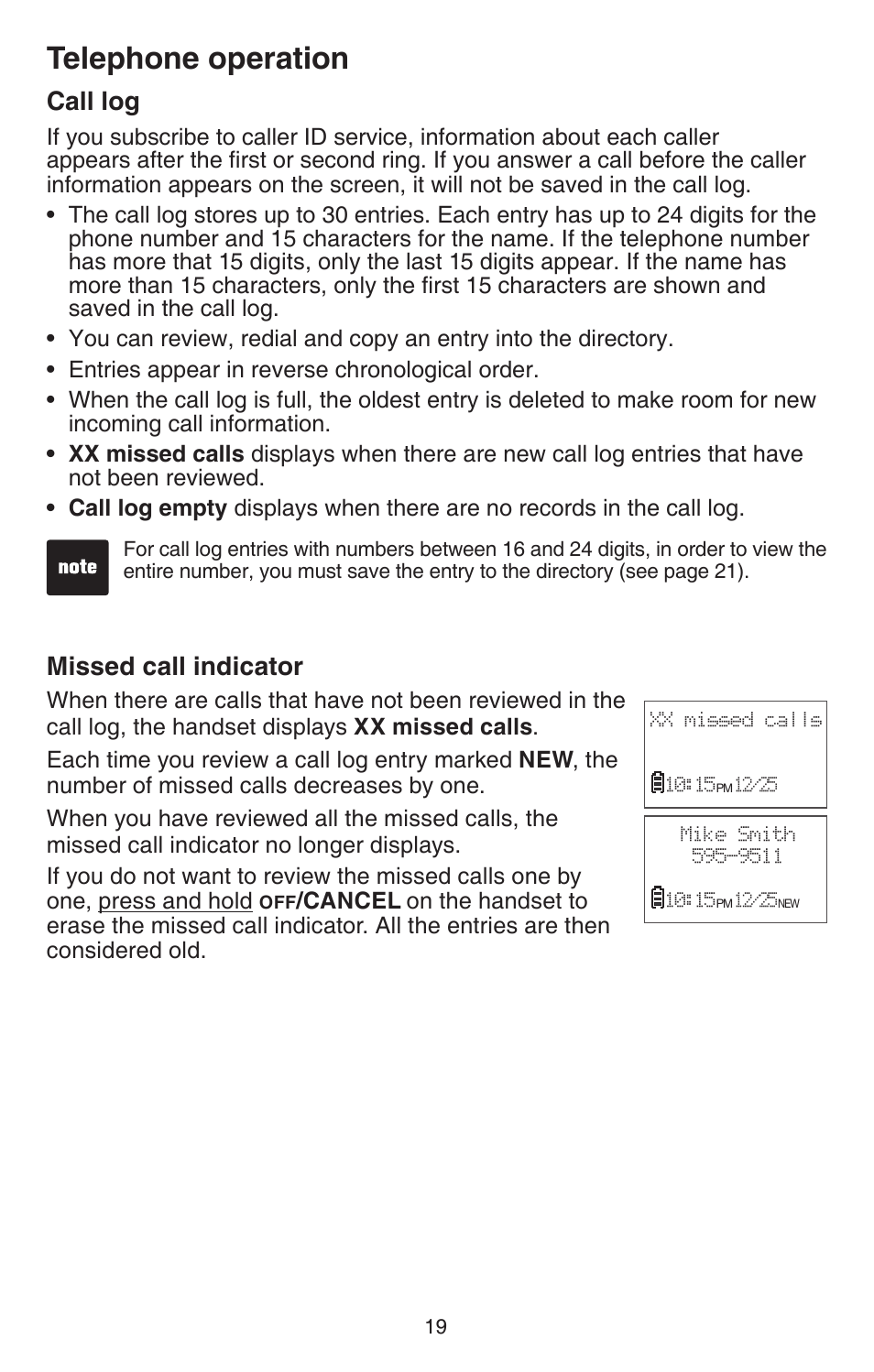 Call log, Missed call indicator, Call log missed call indicator | Telephone operation | VTech CS6114 User Manual | Page 22 / 43