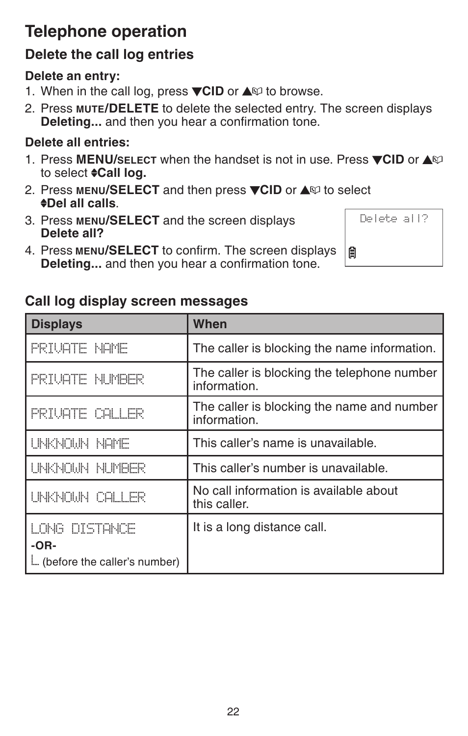 Delete from the call log, Call log display screen messages, Messages | Telephone operation, Delete the call log entries | VTech CS6114 User Manual | Page 25 / 43