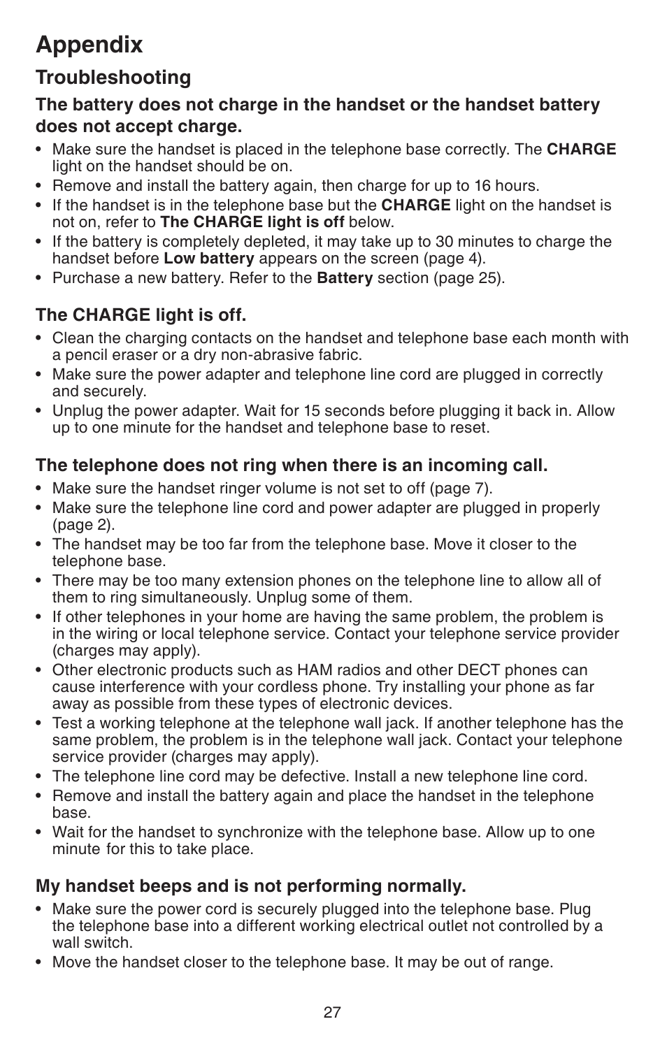 Appendix, Troubleshooting | VTech CS6114 User Manual | Page 30 / 43