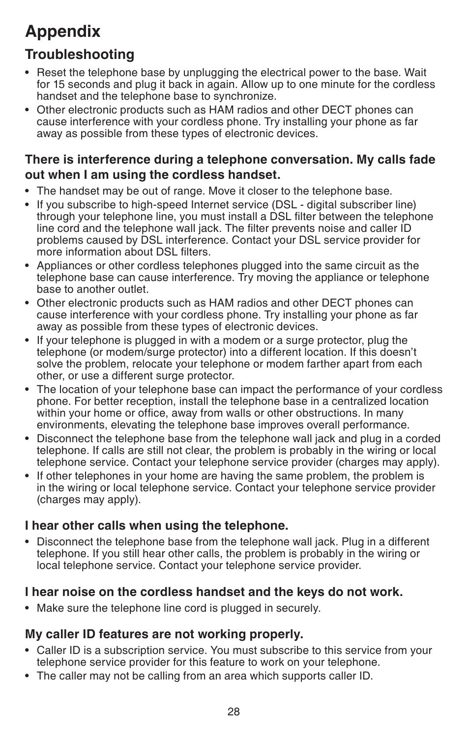 Appendix, Troubleshooting | VTech CS6114 User Manual | Page 31 / 43