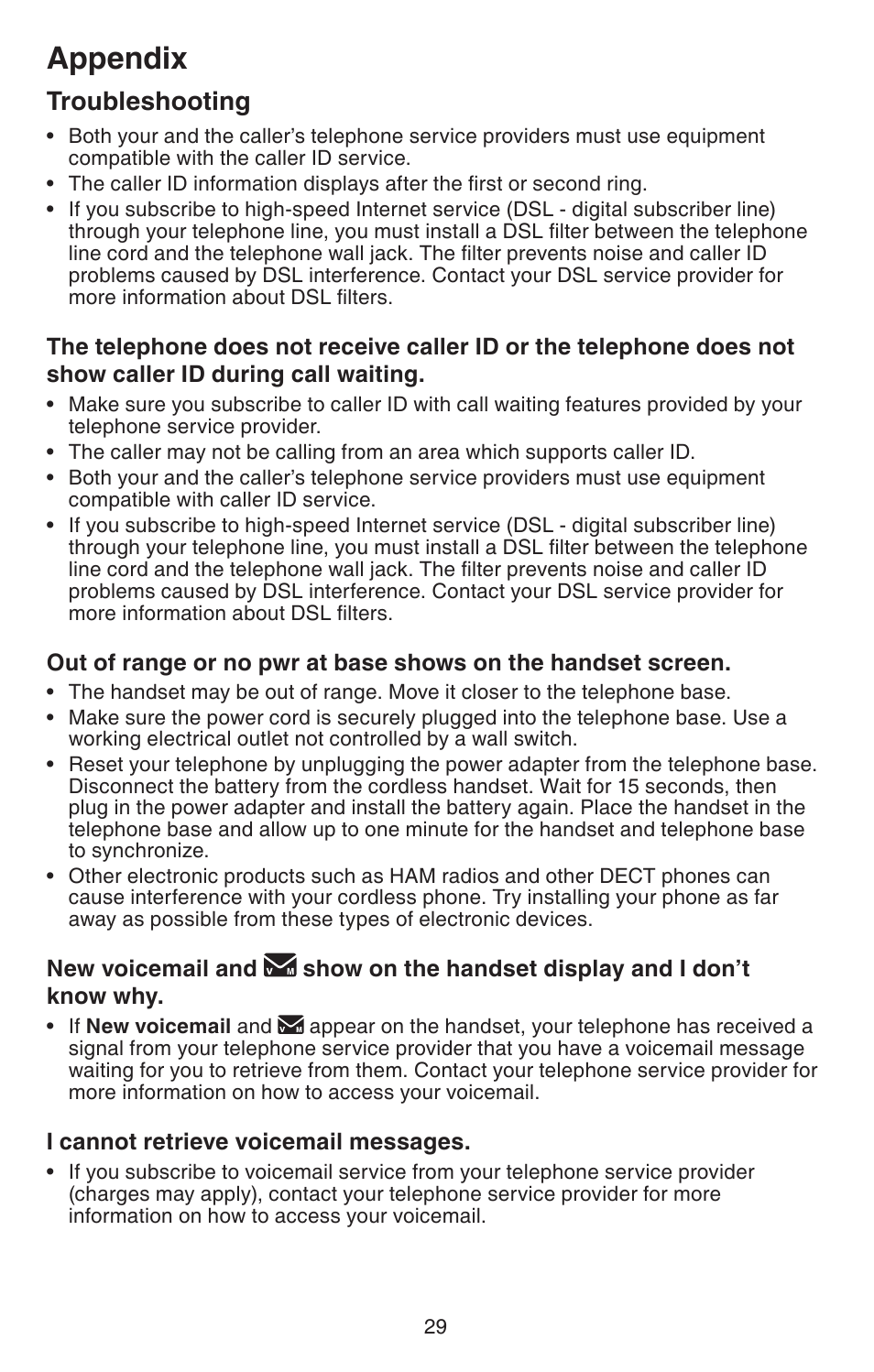 Appendix, Troubleshooting | VTech CS6114 User Manual | Page 32 / 43