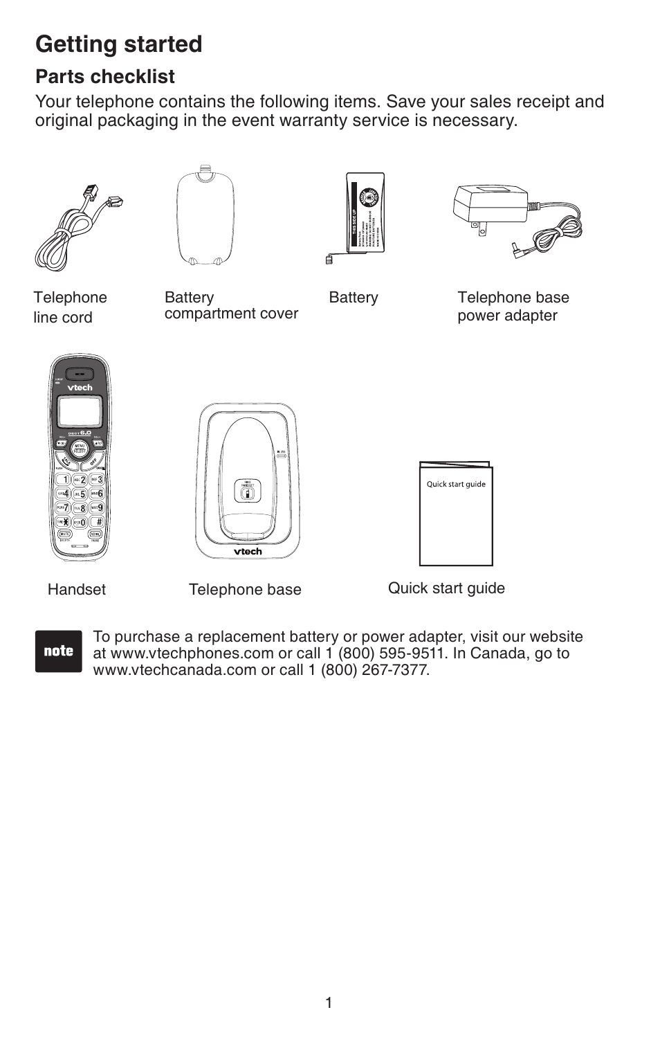 Getting started, Parts checklist | VTech CS6114 User Manual | Page 4 / 43