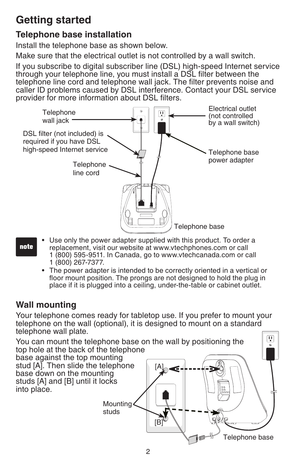 Telephone base installation, Wall mounting, Telephone base installation wall mounting | Getting started | VTech CS6114 User Manual | Page 5 / 43