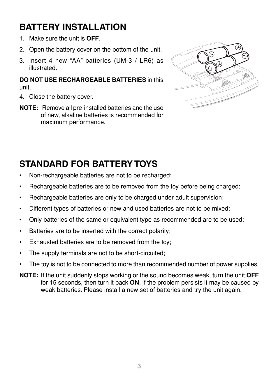 Battery installation, Standard for battery toys, Battery installation standard for battery toys | VTech XL Series User Manual | Page 10 / 47