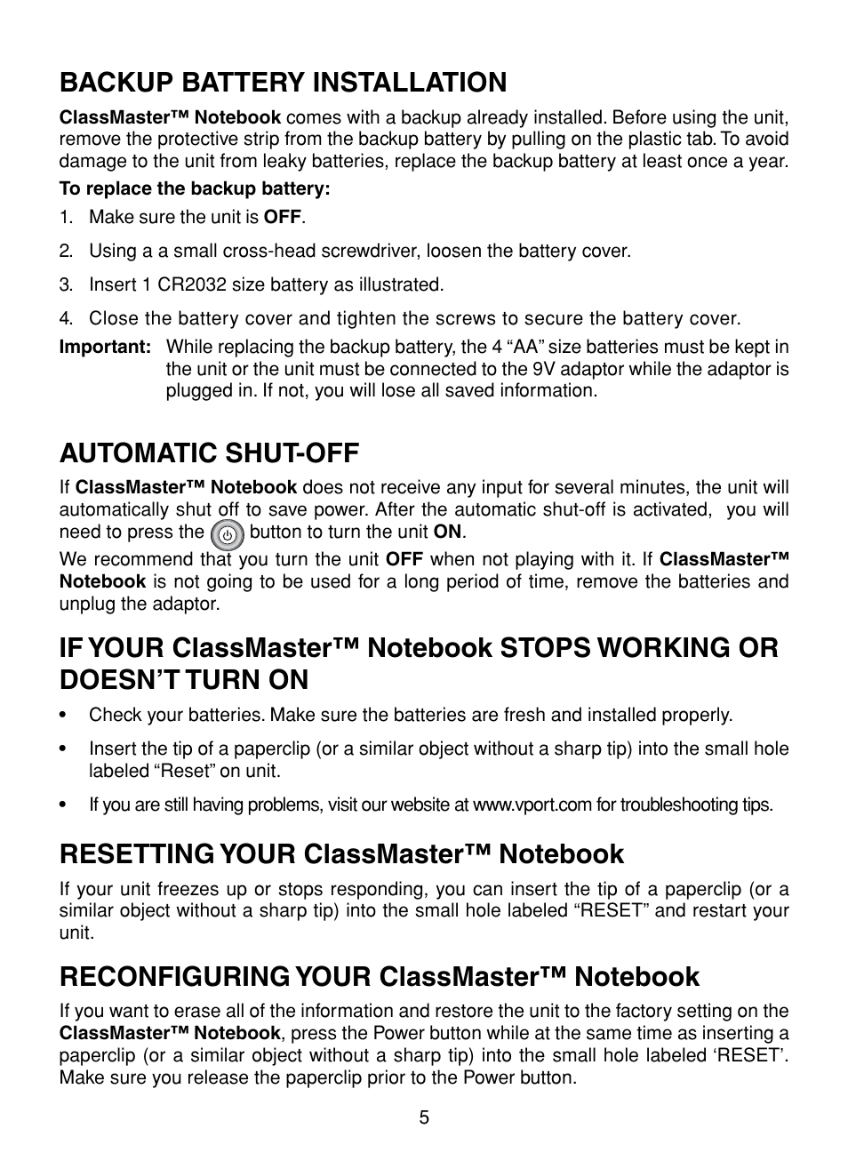 Backup battery installation, Automatic shut-off, Resetting your classmaster™ notebook | Reconfiguring your classmaster™ notebook | VTech XL Series User Manual | Page 12 / 47