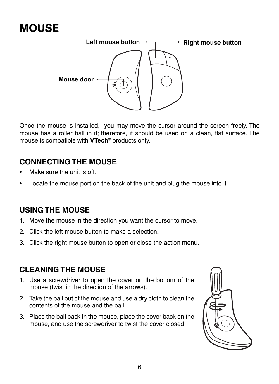 Mouse, Connecting the mouse, Using the mouse | Cleaning the mouse | VTech XL Series User Manual | Page 13 / 47