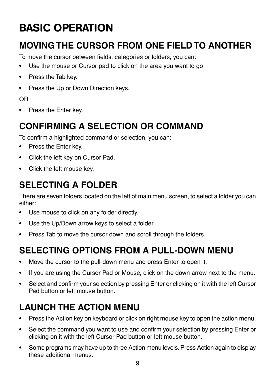 Basic operation, Moving the cursor from one field to another, Confirming a selection or command | Selecting a folder, Selecting options from a pull-down menu, Launch the action menu | VTech XL Series User Manual | Page 16 / 47