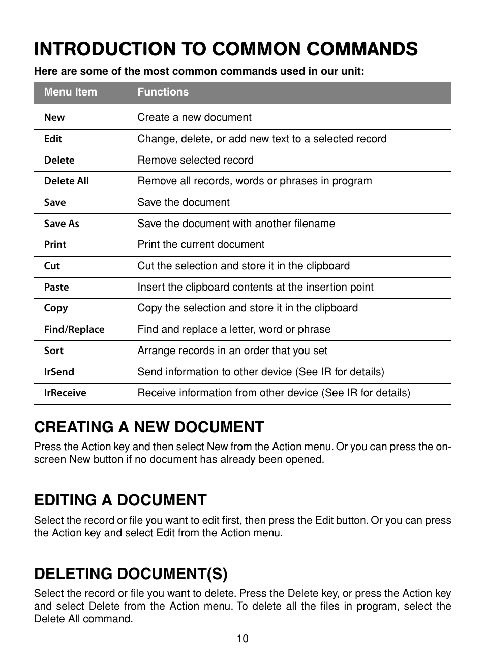 Introduction to common commands, Creating a new document, Editing a document | Deleting document(s) | VTech XL Series User Manual | Page 17 / 47