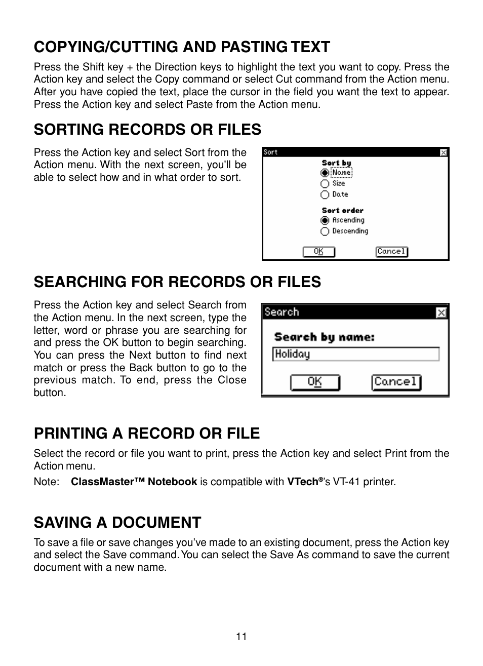 Copying/cutting and pasting text, Sorting records or files, Searching for records or files | Printing a record or file, Saving a document | VTech XL Series User Manual | Page 18 / 47