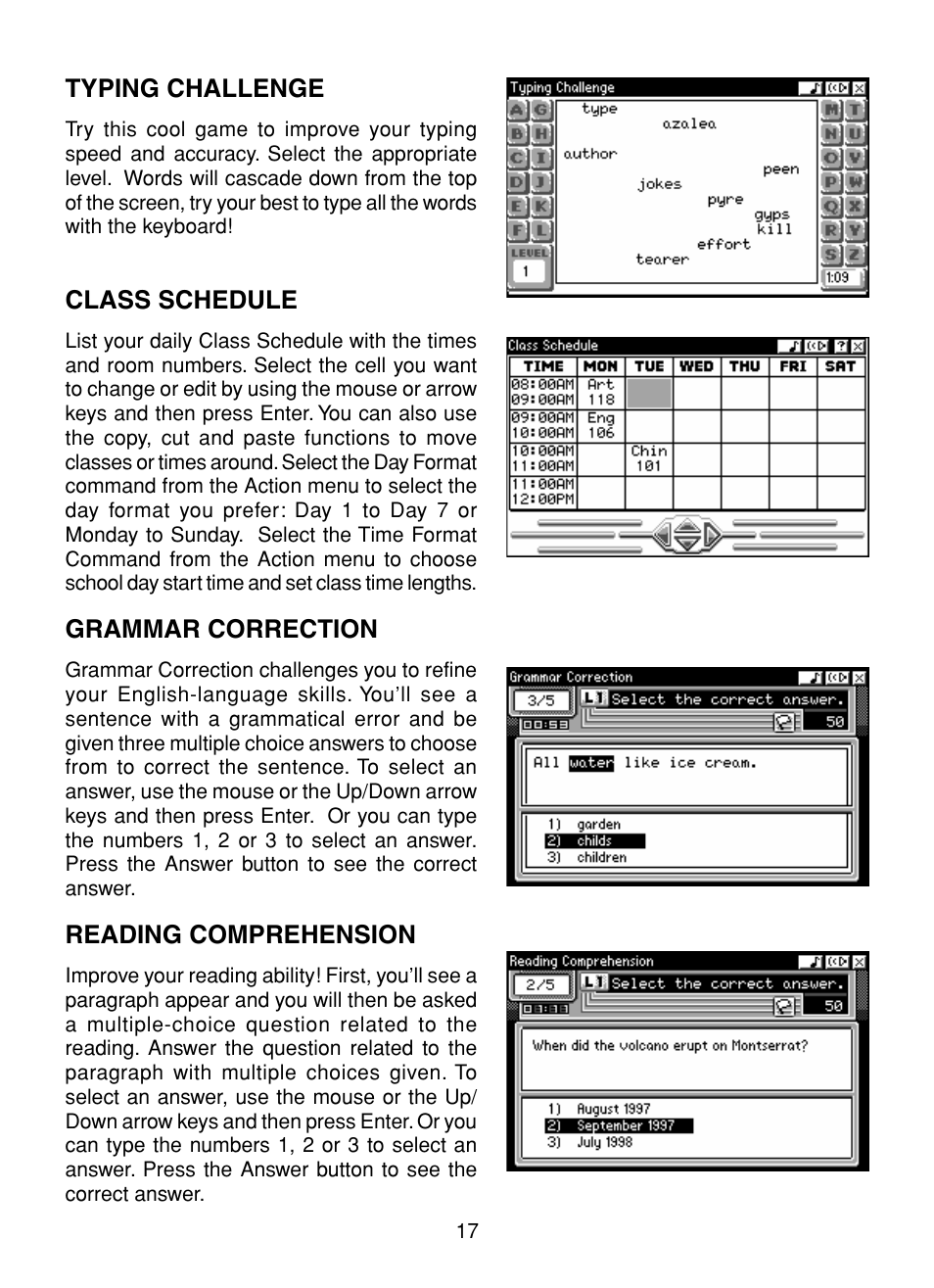 Typing challenge, Class schedule, Grammar correction | Reading comprehension | VTech XL Series User Manual | Page 24 / 47