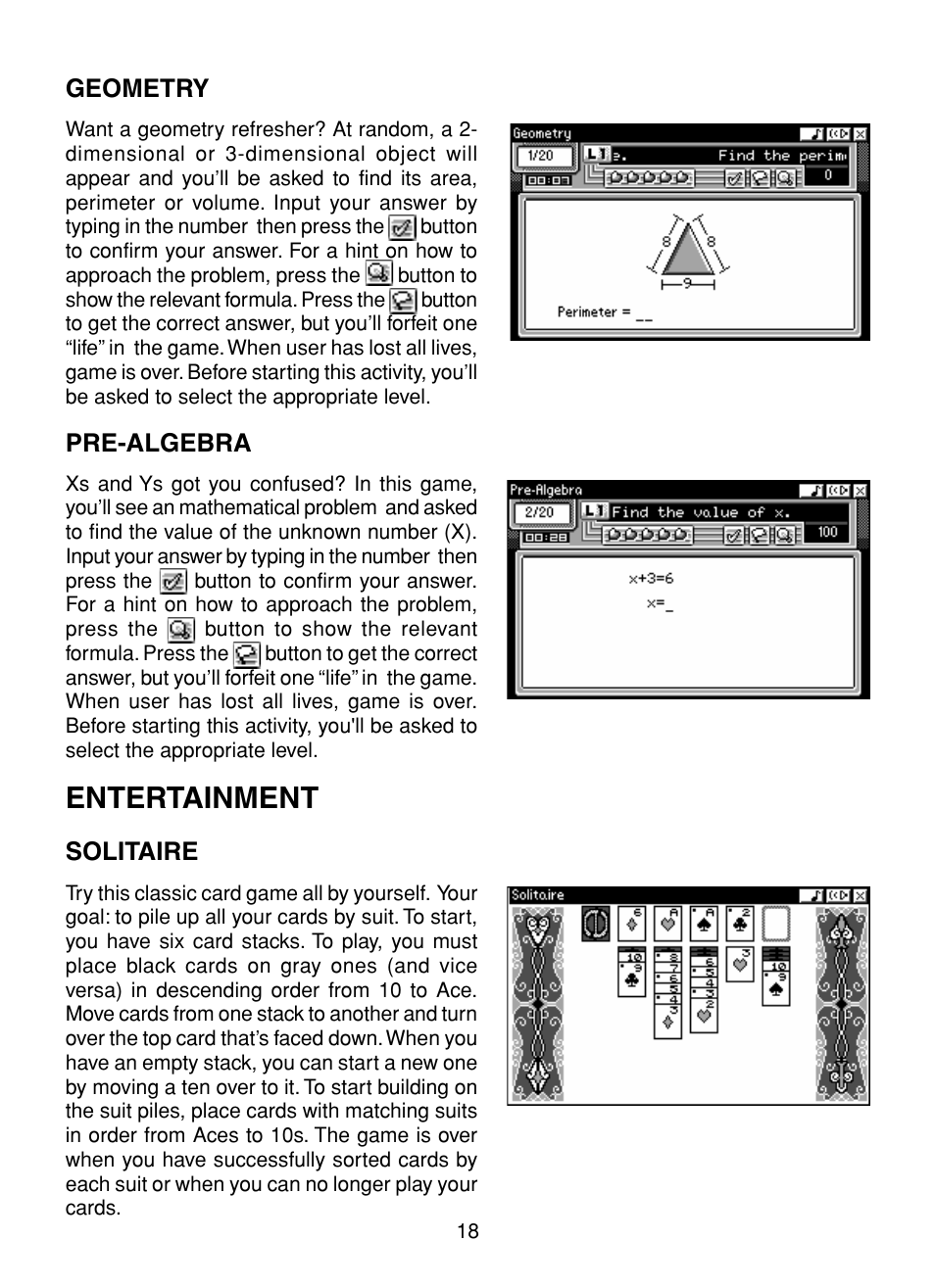 Geometry, Pre-algebra, Entertainment | Solitaire | VTech XL Series User Manual | Page 25 / 47