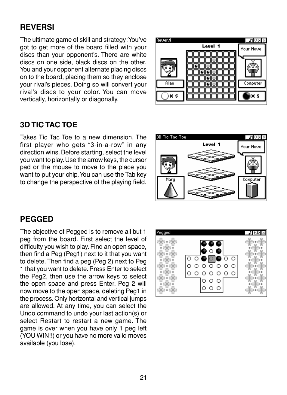 Reversi, 3d tic tac toe, Pegged | Reversi 3d tic tac toe pegged | VTech XL Series User Manual | Page 28 / 47
