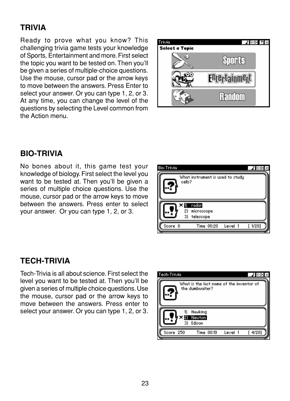 Trivia, Bio-trivia, Tech-trivia | Trivia bio-trivia tech-trivia | VTech XL Series User Manual | Page 30 / 47