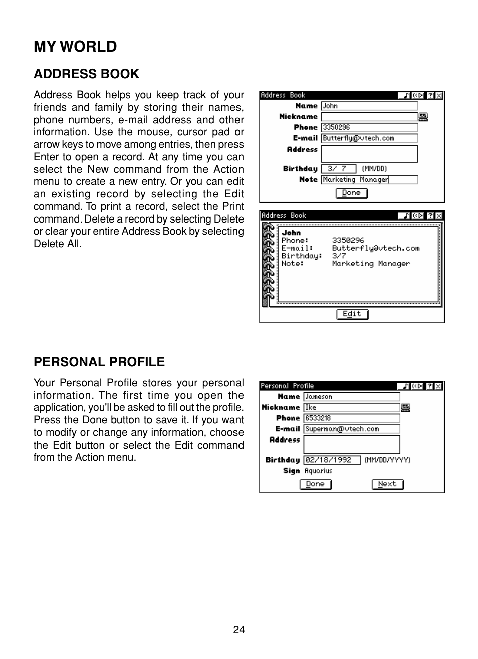 My world, Address book, Personal profile | Address book personal profile | VTech XL Series User Manual | Page 31 / 47