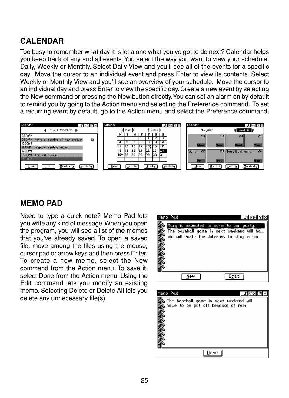 Calendar, Memo pad, Calendar memo pad | VTech XL Series User Manual | Page 32 / 47