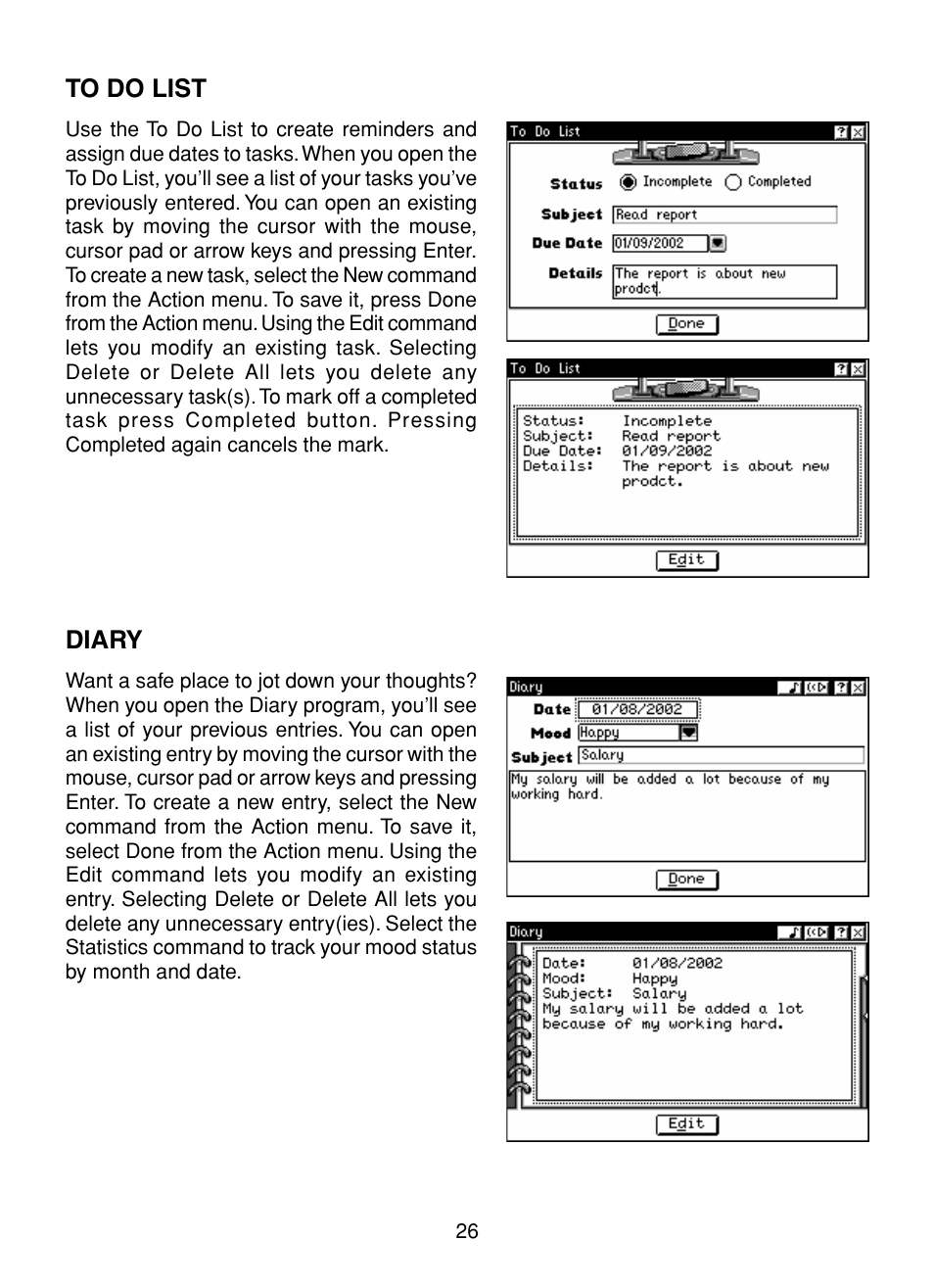 To do list, Diary, To do list diary | VTech XL Series User Manual | Page 33 / 47