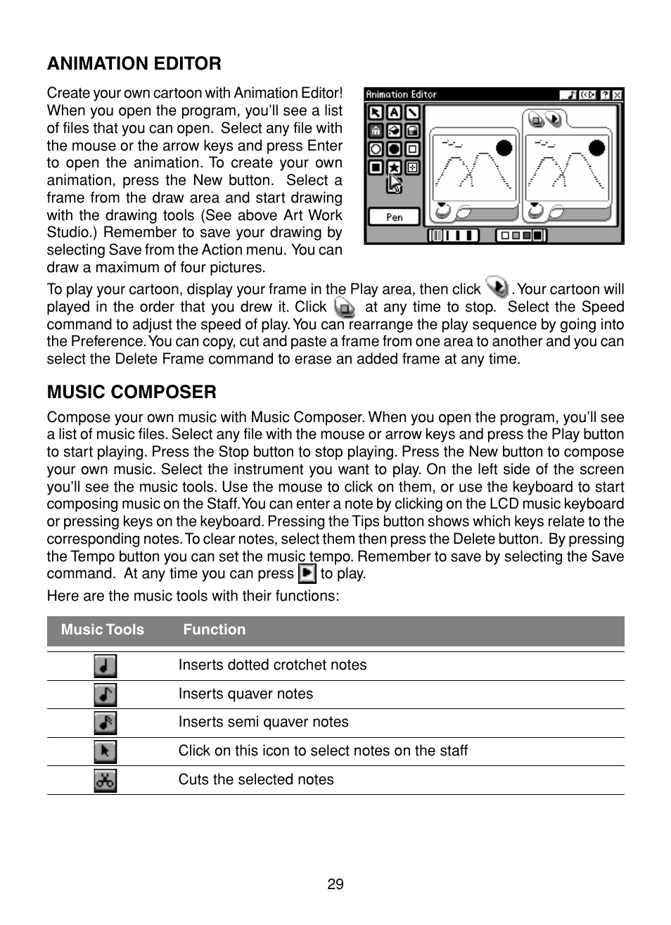 Animation editor, Music composer, Animation editor music composer | VTech XL Series User Manual | Page 36 / 47