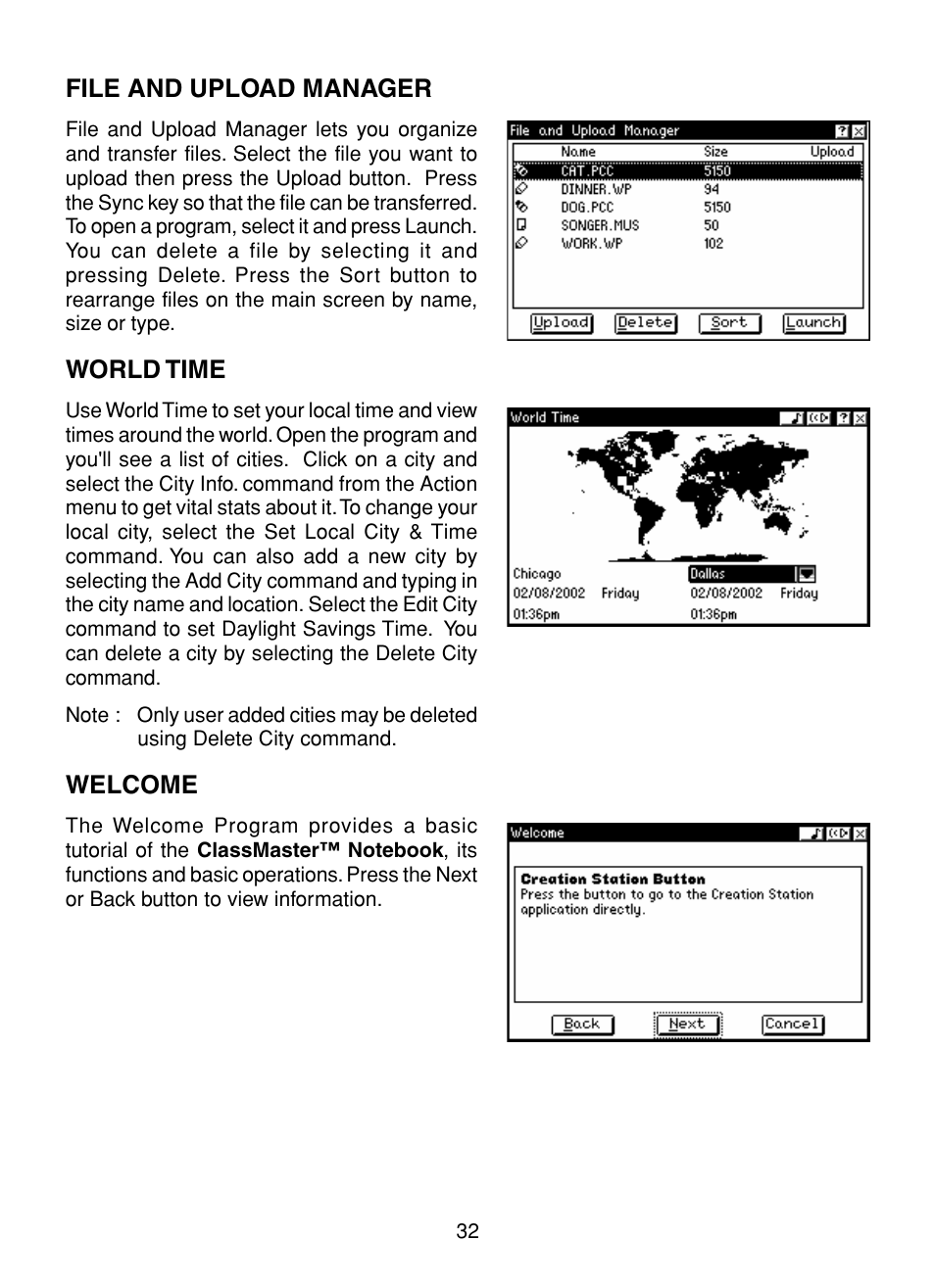 File and upload manager, World time, Welcome | File and upload manager world time welcome | VTech XL Series User Manual | Page 39 / 47