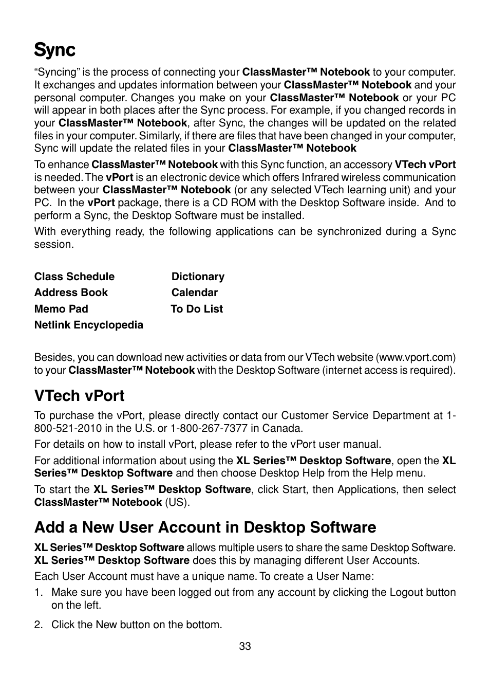 Sync, Vtech vport, Add a new user account in desktop software | VTech XL Series User Manual | Page 40 / 47
